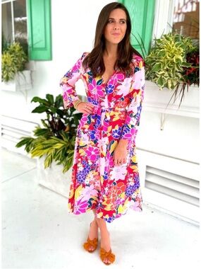 Sunday Up Floral Charlotte Dress Button Front Belted Tie Waist Womens Small Midi